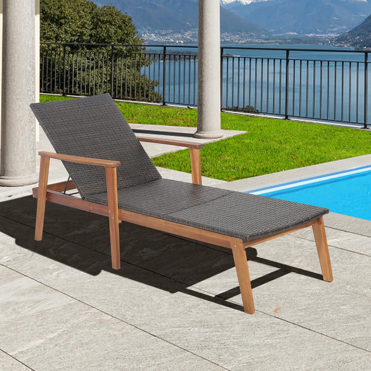 Costway Patio Rattan Chaise Lounge Chair Recliner Back Adjustable Acacia Wood Garden